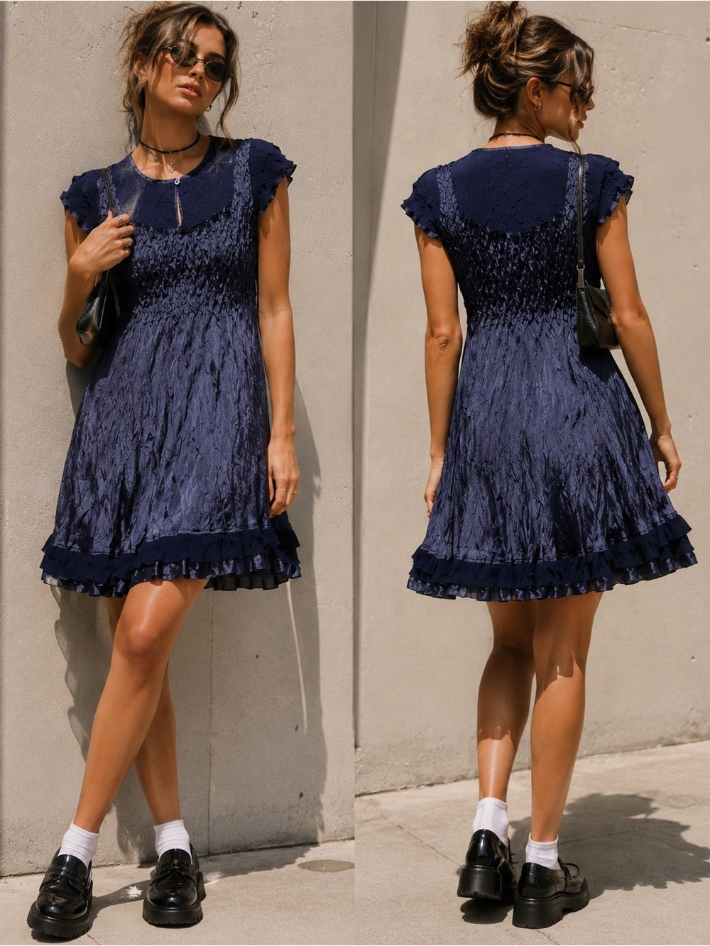 Vintage 90s Expo New York Navy Crinkle Satin Smocked Mini Dress Size L